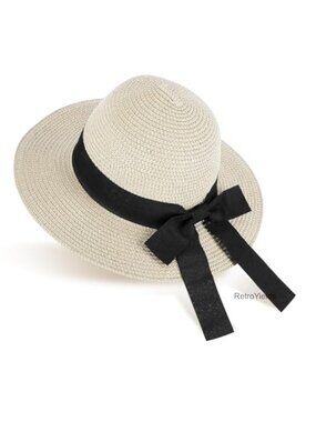 Girls Straw Sun Hat with Bowknot, Wide Brim Floppy Beach Hat, UPF 50+ Outdoor